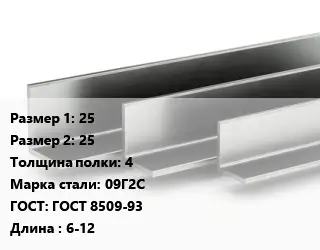 Уголок горячекатаный 25х25х4 Сталь: 09Г2С ГОСТ: ГОСТ 8509-93 L=6-12